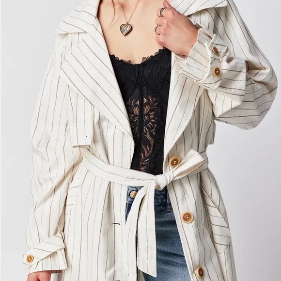 New free people Melia Mac Coat long sleeve boho linen blend plaid ecru striped - Picture 5 of 11